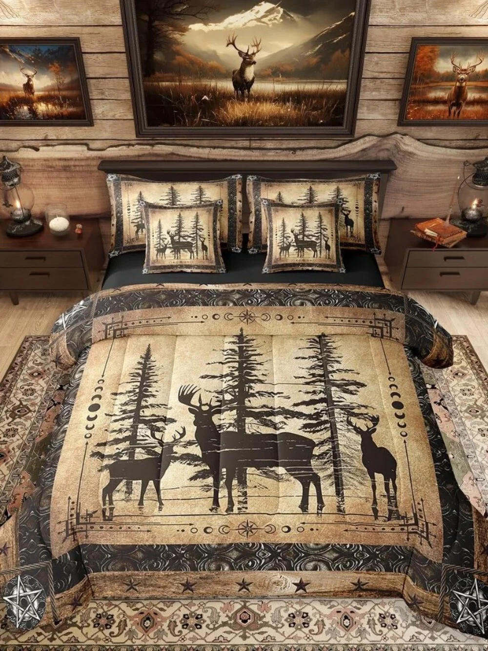 Rustic Deer Comforter Set 7 Piece Farmhouse Cabin Bed in A Bag King Western Wood